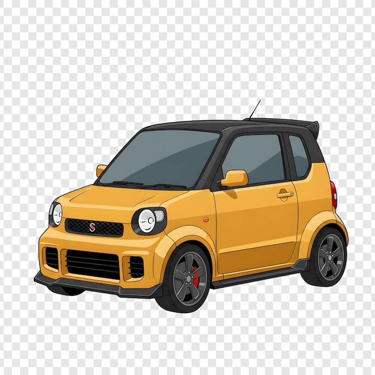 PSD ilustração de desenho animado de um pequeno carro kei amarelo com telhado preto