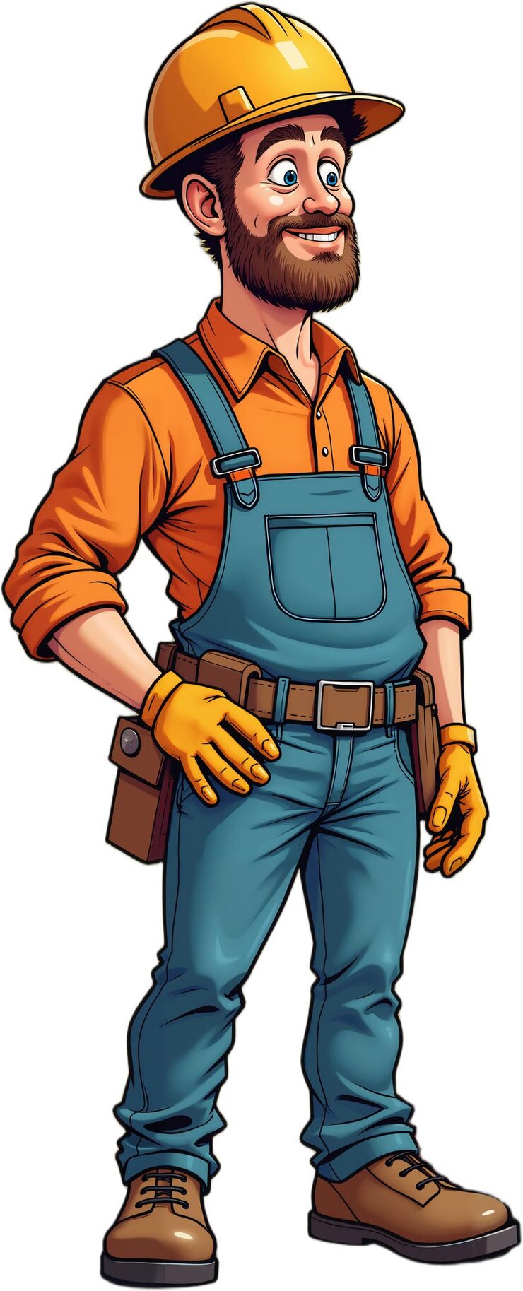 PSD ilustração de desenho animado de um trabalhador da construção identificável por seu chapéu e roupa de trabalho de pé com confiança com uma mão no quadril isolado em fundo transparente