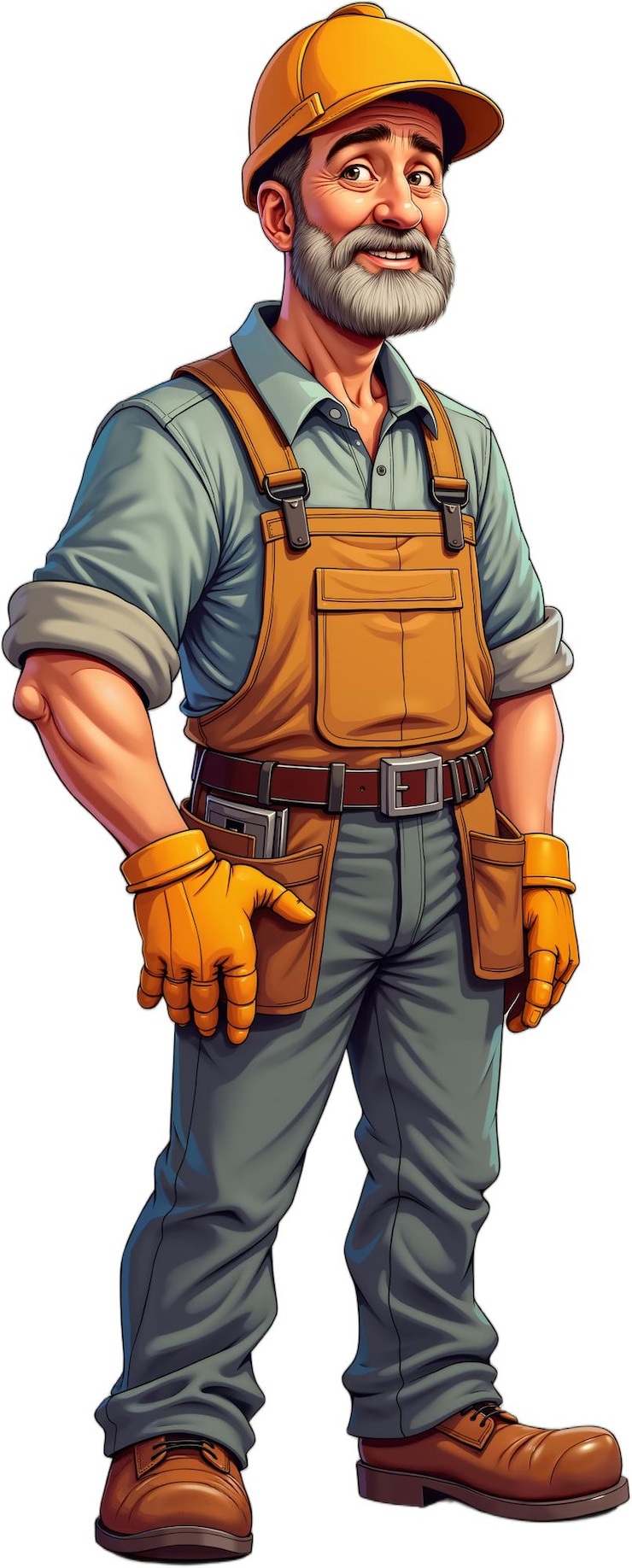 PSD ilustração de desenho animado de um trabalhador da construção retratado com barba e bigode vestindo um capacete de segurança, luvas e botas isolado em fundo transparente