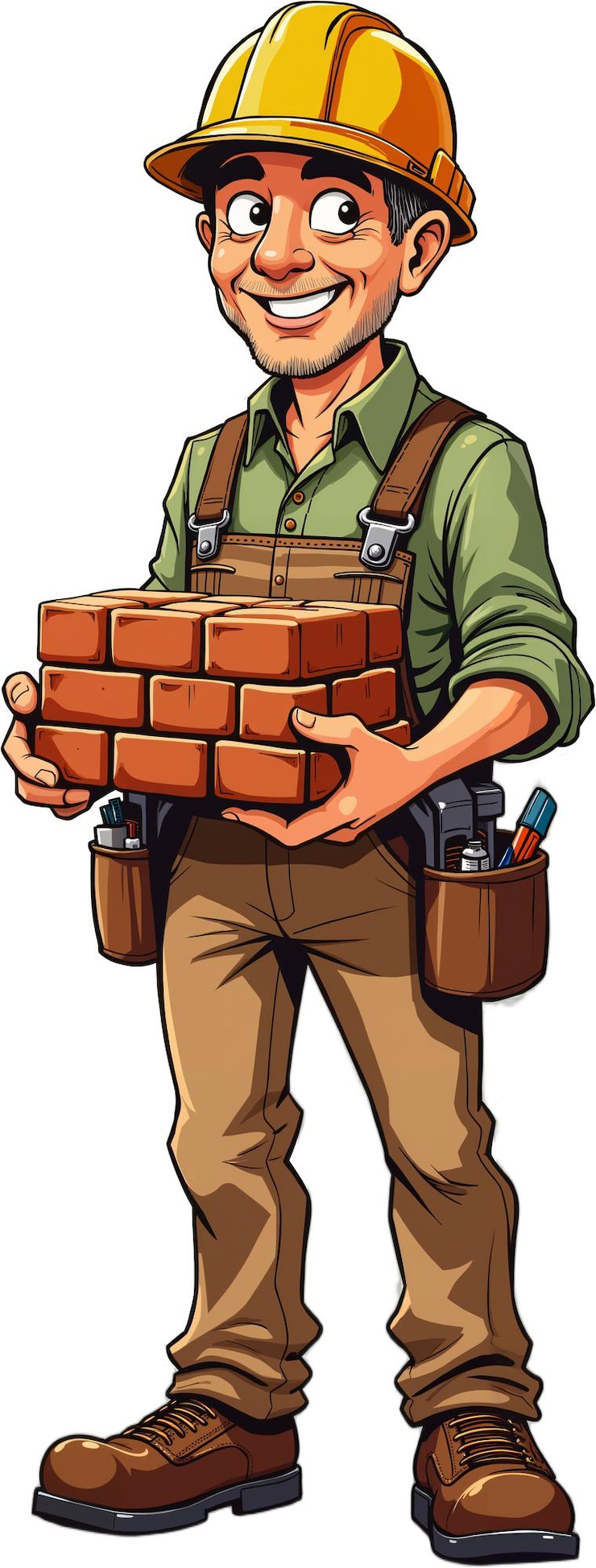 PSD ilustração de desenho animado de um trabalhador da construção retratado com uma expressão alegre enquanto segura uma pilha de tijolos e usa um chapéu e trajes de trabalho isolado em fundo transparente