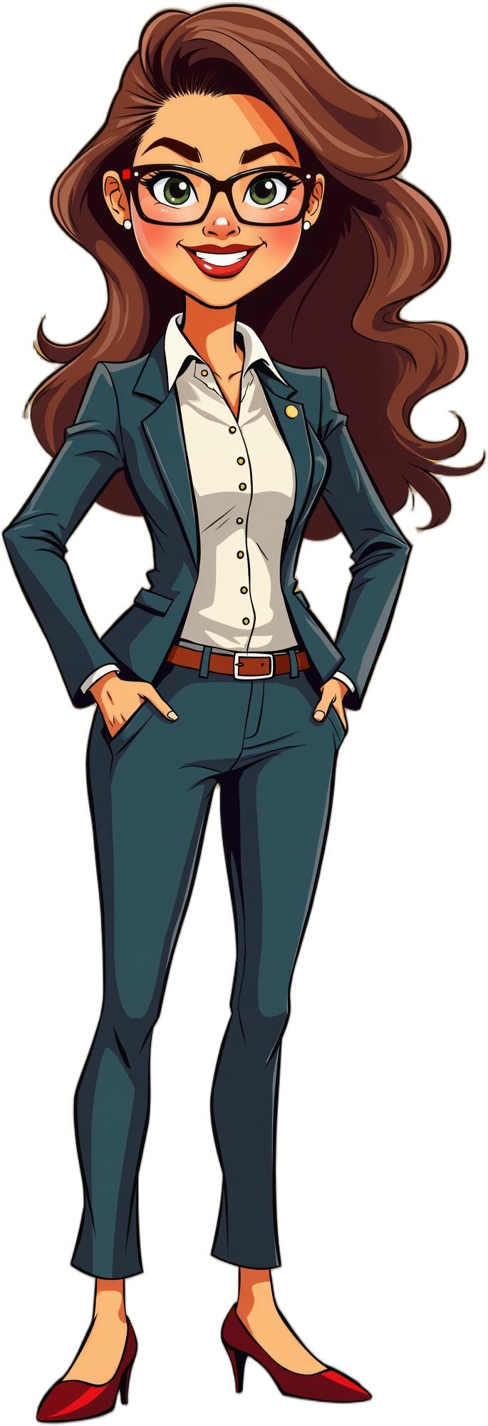 PSD ilustração de desenho animado de uma jovem vestida com trajes de negócios sugerindo que ela pode ser profissional ou trabalhando em um ambiente corporativo isolada em fundo transparente
