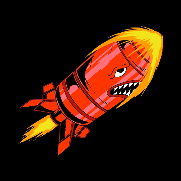 Ilustração de desenhos animados de um personagem de desenho animado de foguete vermelho zangado voando com chamas