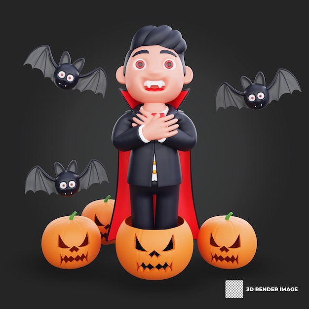 Ilustração de design assustador de vampiro de halloween de personagem fofo 3d