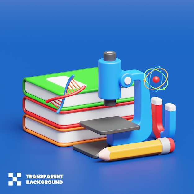 PSD ilustração de educação de pesquisa científica com livros e microscópio em 3d render