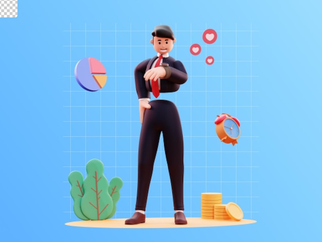 Ilustração de empresário de personagem 3d com gráfico e alarme