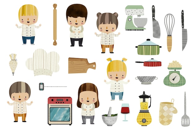 Ilustração de equipamento de cozinha e cozinha