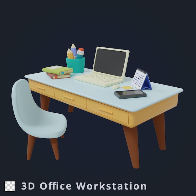 PSD ilustração de estação de trabalho de escritório de renderização 3d