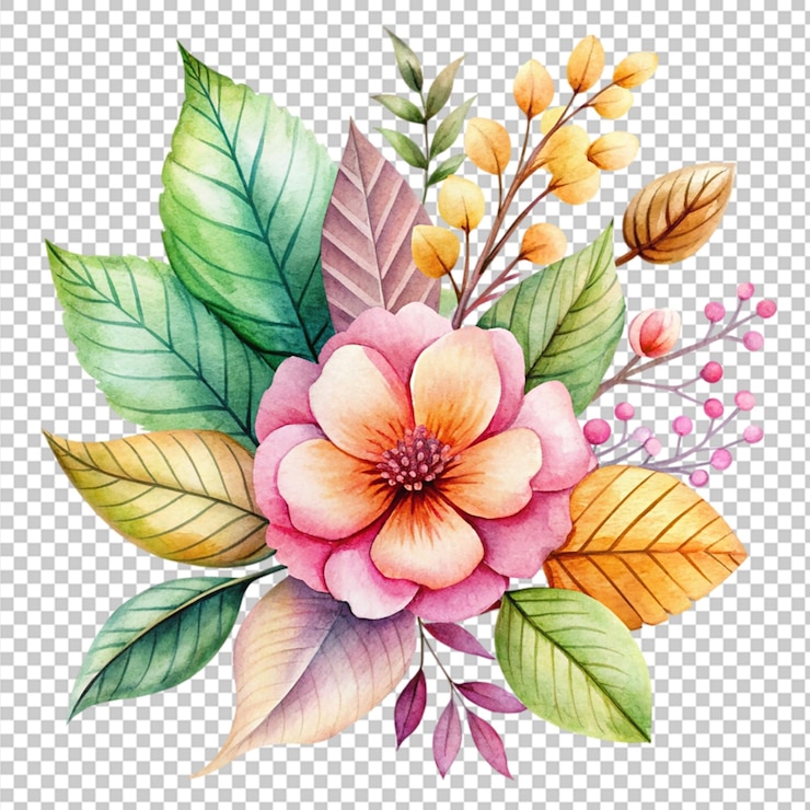 PSD ilustração de flores em bouquet de aquarela em fundo transparente