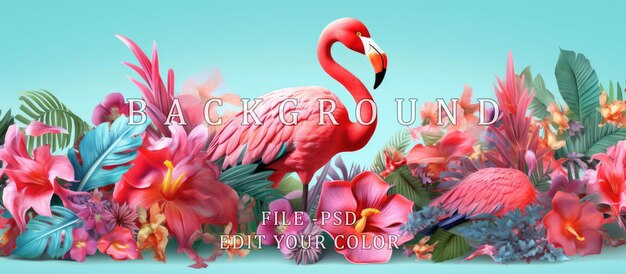 PSD ilustração de flores tropicais, plantas, folhas e flamingos.