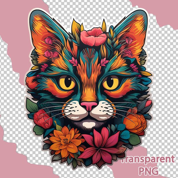 Ilustração de gato floral estética em fundo transparente de arte vetorial colorida