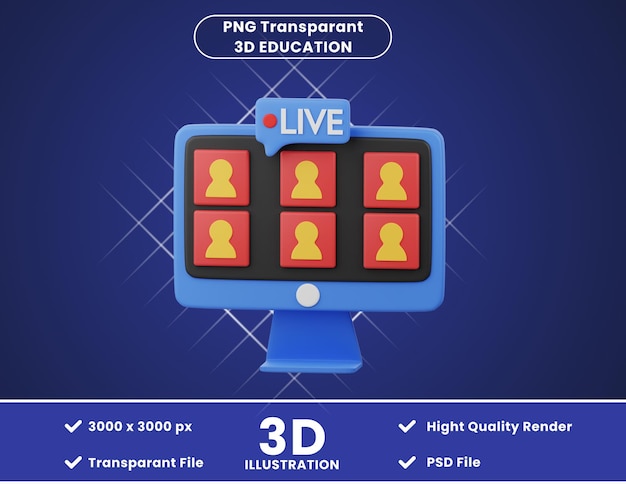 PSD ilustração de ícone 3d aprendizagem ao vivo