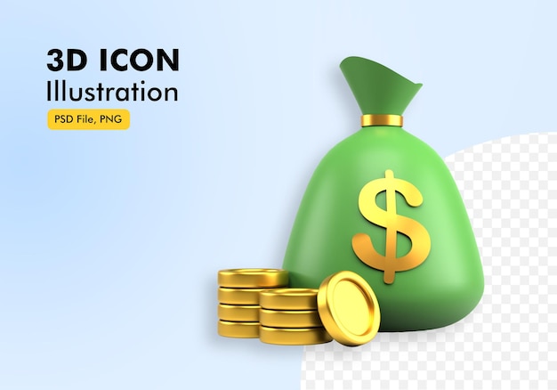 ilustração de ícone 3d de saco de moedas de ouro