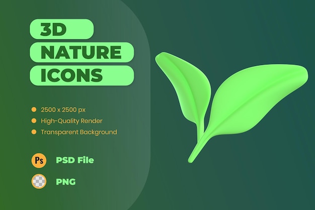 PSD ilustração de ícone 3d folhas de plantas verdes