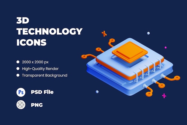 Ilustração de ícone 3D Microchip Inteligência Artificial