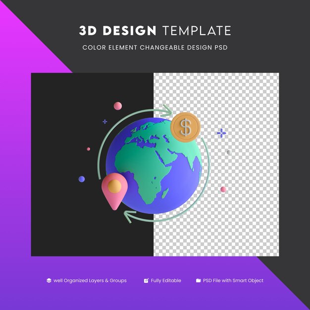 PSD ilustração de ícone 3d transferência global globo terra