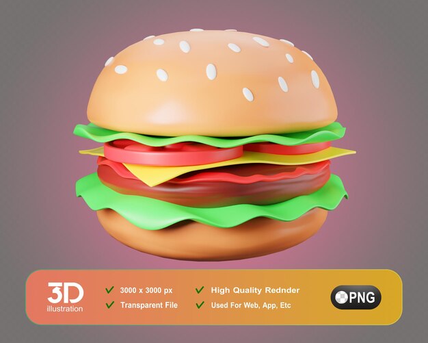 Ilustração de ícones de refeições de comida 3D de hambúrguer 3D