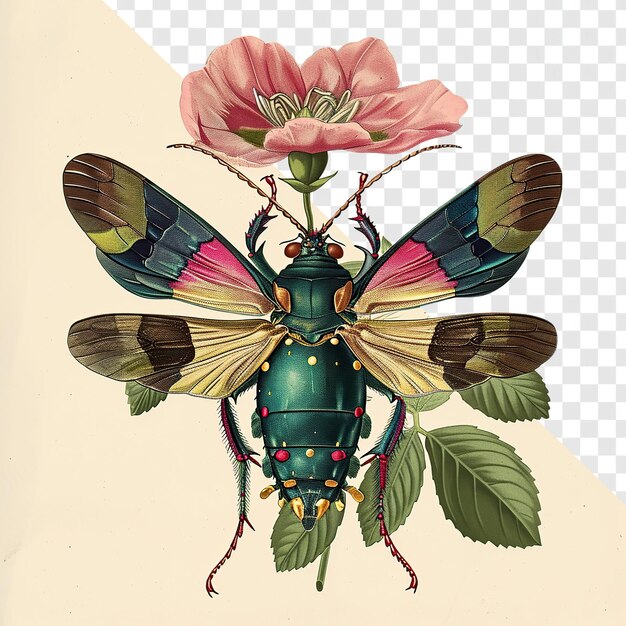 PSD ilustração de insetos de entomologia vintage com plantas de fundo transparente