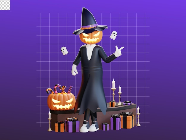ilustração de lanterna de halloween jack de personagem 3d com abóbora de cabelo de bruxa e caixão