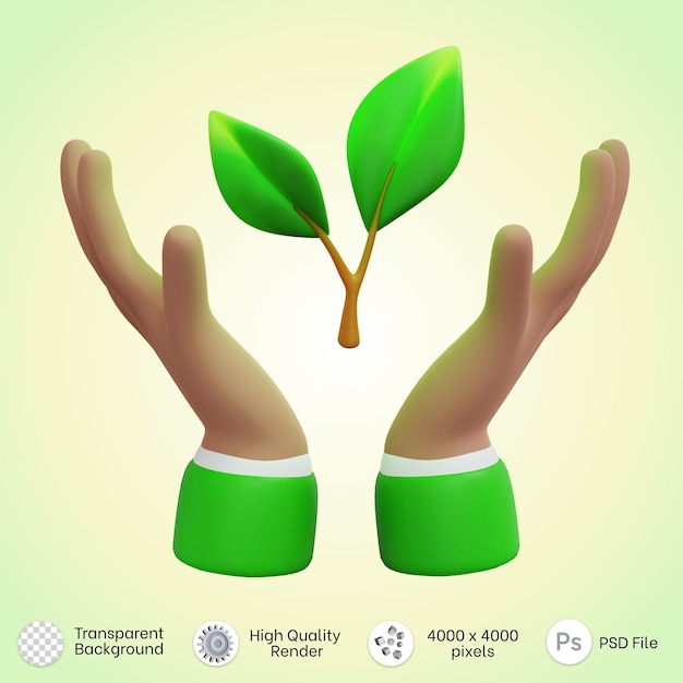 Ilustração de mãos segurando folhas de plantas, salve o ícone da árvore em renderização em 3d