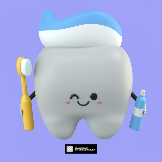 ilustração de mascote de personagem de desenho animado de dente bonito 3d