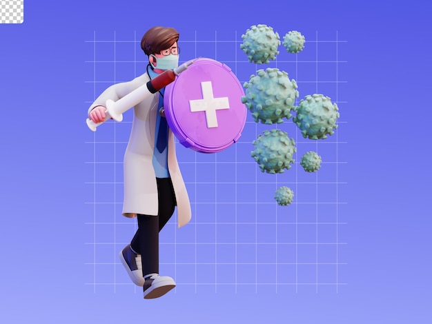 ilustração de médico masculino de personagem 3d luta contra vírus