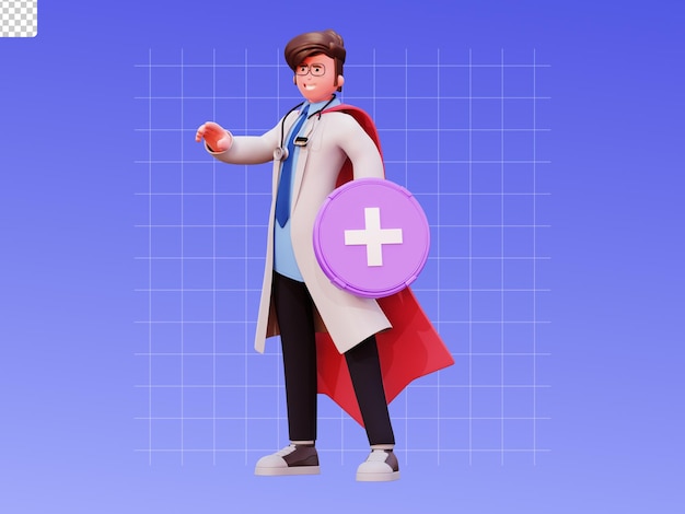 Ilustração de médico masculino personagem 3d fazendo proteção