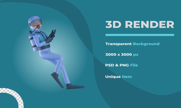 PSD ilustração de mergulhador 3d com fundo transparente