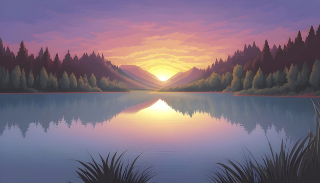 PSD ilustração de paisagens de lagos e montanhas
