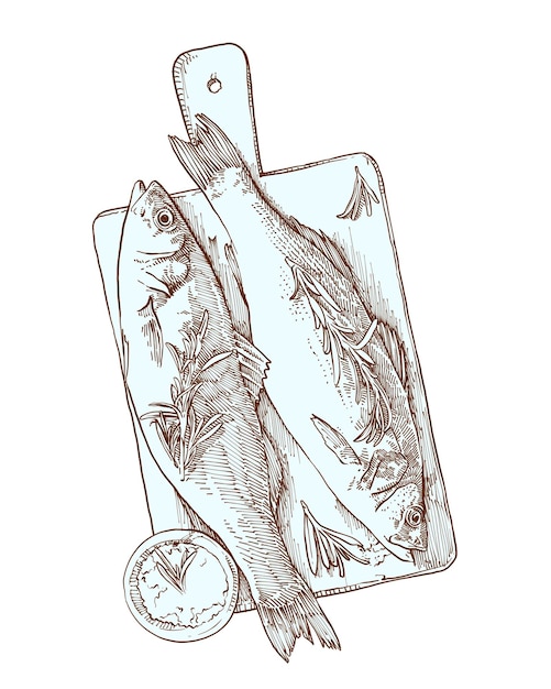 Ilustração de peixe fresco numa tábua de cortar