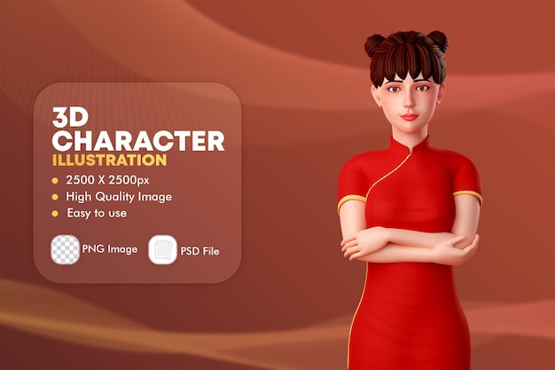 PSD ilustração de personagem 3d de uma linda mulher chinesa, a garota dobrou as duas mãos na cintura