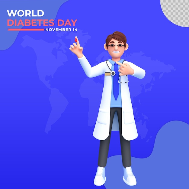 PSD ilustração de personagem 3d do dia mundial do diabetes do médico masculino