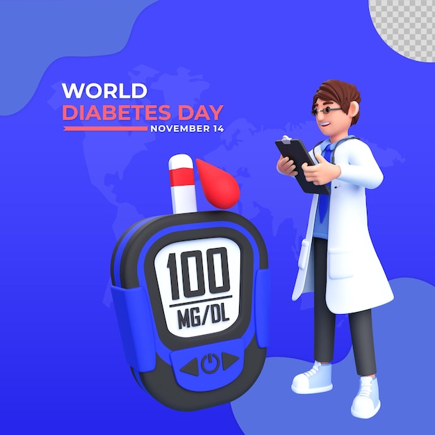 Ilustração de personagem 3D do dia mundial do diabetes do médico masculino