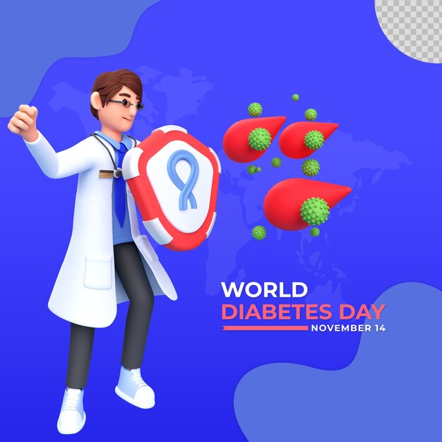 Ilustração de personagem 3D do dia mundial do diabetes do médico masculino