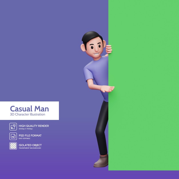 Ilustração de personagem 3d homem casual espiando, mostrando algo em um banner de tela verde enrolado