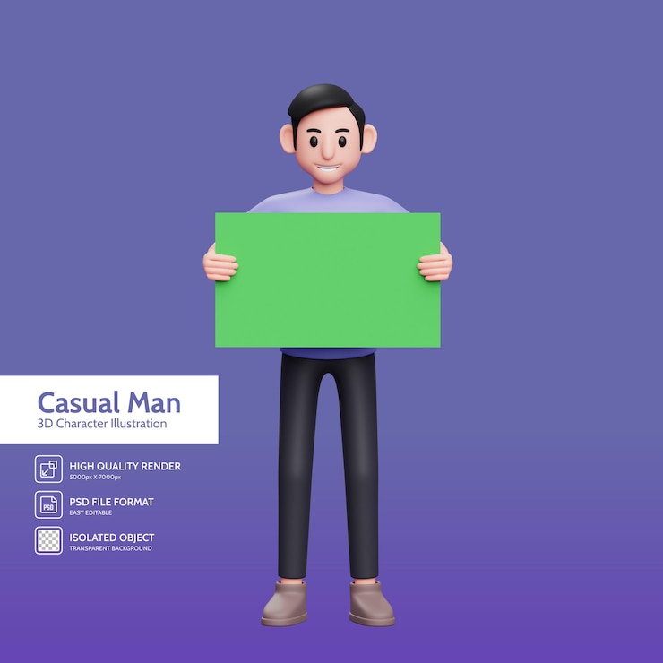 PSD ilustração de personagem 3d homem casual segurando uma faixa verde com as duas mãos na frente do corpo