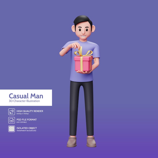 Ilustração de personagem 3d masculina casual puxando fita abrindo presente de dia dos namorados, conceito de dia dos namorados 3d