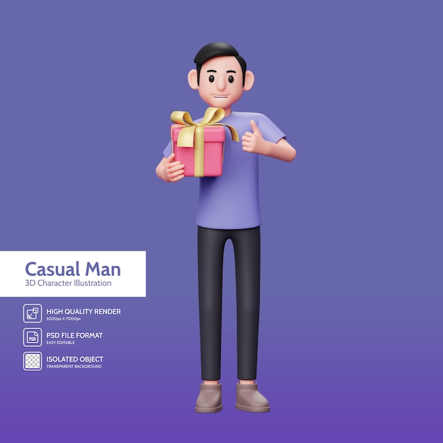 Ilustração de personagem 3d masculino casual abraçando o presente dos namorados e dando os polegares para cima, conceito de dia dos namorados 3d