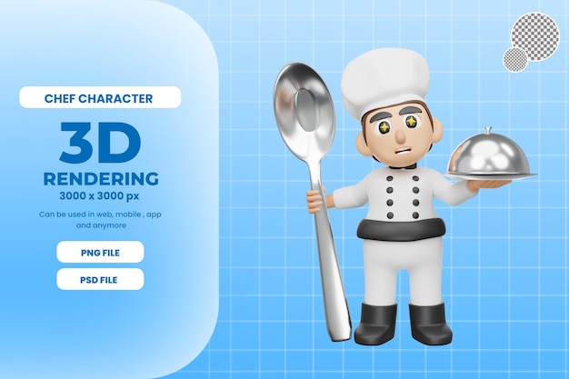 Ilustração de personagem chef de renderização 3d com comida servida e colher psd premium