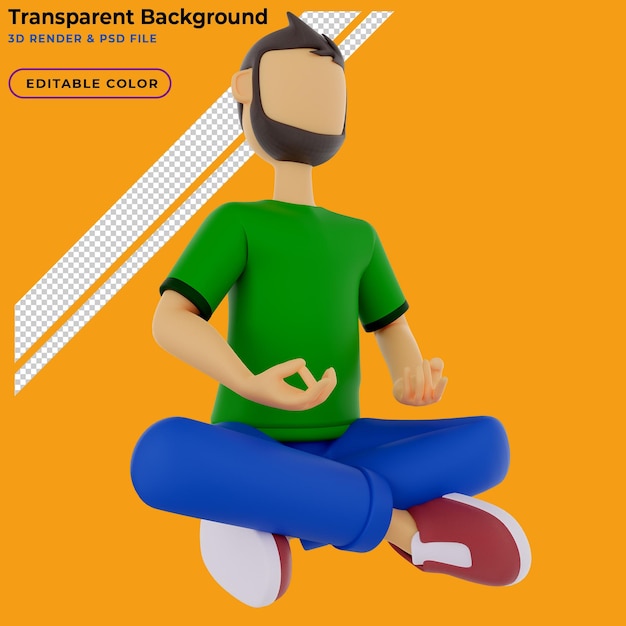 PSD ilustração de personagem de desenho animado 3d do homem meditando sentado no chão em posição de lótus de ioga