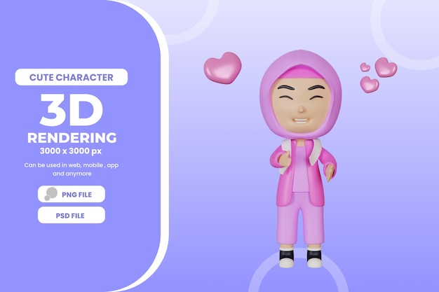 Ilustração de personagem de linda garota de renderização 3d com psd premium de amor