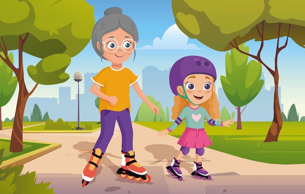 Ilustração de personagem de menina sorridente com avó em patins em um parque urbano
