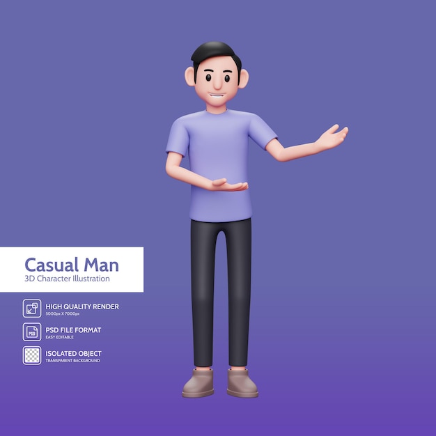 Ilustração de personagens 3D Homem casual feliz mostrando a mão para copiar o espaço com ambas as mãos, apresentando ou apresentando algo. Anúncio ou conceito de apresentação de produto