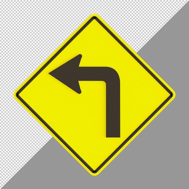 PSD ilustração de renderização 3d amarela de sinal de estrada de curva à esquerda