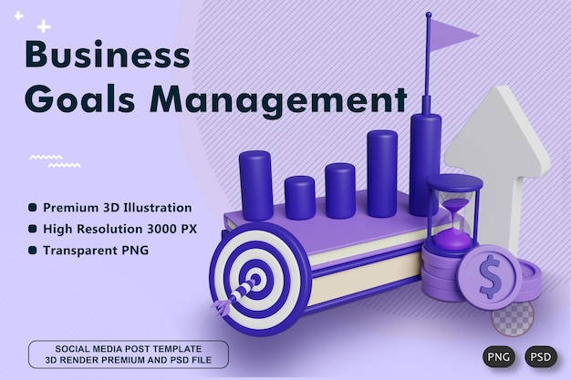 PSD ilustração de renderização 3d de gerenciamento de metas de negócios