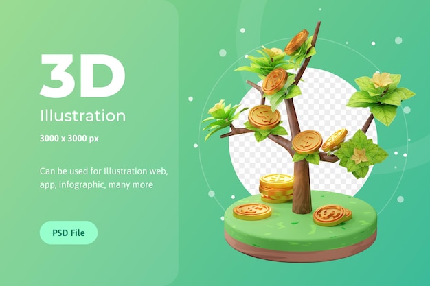 PSD ilustração de renderização 3d de negócios em crescimento, com árvore e moeda, usada para web, aplicativo etc.