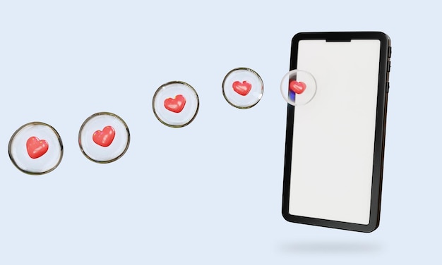 Ilustração de renderização 3d de um handphone com um coração de notificação envolto em uma bolha saindo de