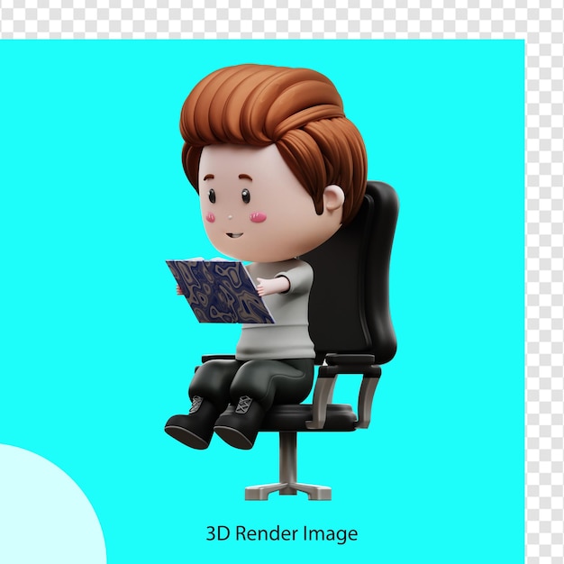 PSD ilustração de renderização 3d de um menino sentado e lendo um livro