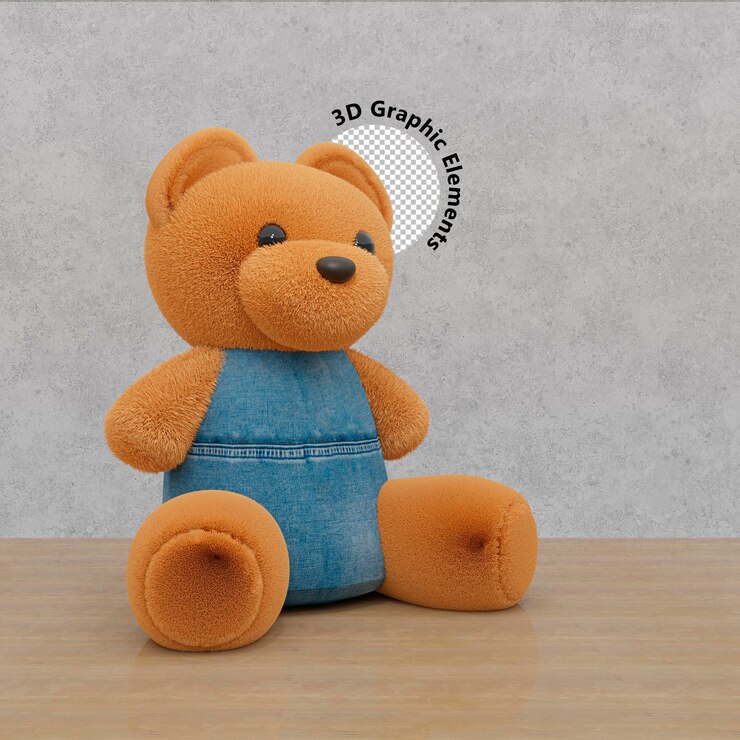 PSD ilustração de renderização 3d de um urso de brinquedo marrom sentado em jeans azul
