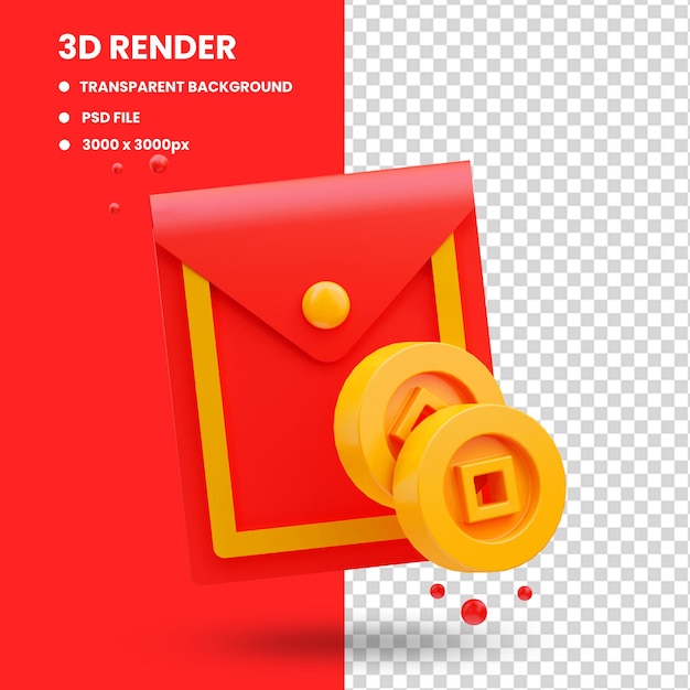 PSD ilustração de renderização 3d do ícone de envelope vermelho fofo da china com moeda de ouro, ano novo chinês