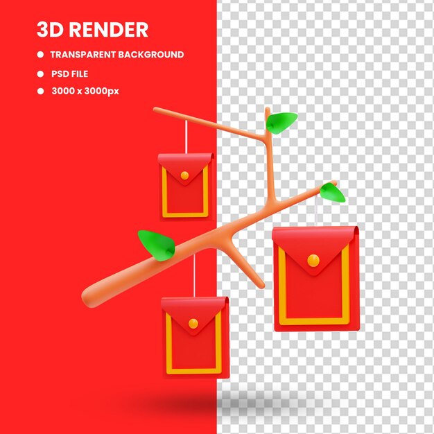 PSD ilustração de renderização 3d do ícone de envelopes de porcelana no galho de árvore, ano novo chinês